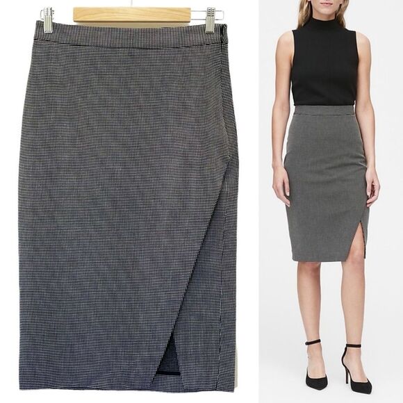 Banana Republic Bi-Stretch Wrap-Front Pencil Skirt Black & White Dot Size 2 Tall - Picture 1 of 12